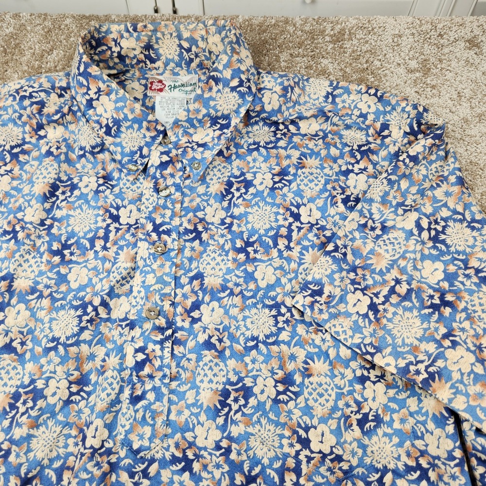 Hilo Hattie Hawaiian Original Shirt Mens 2XL Blue Tan Floral Pineapple Aloha USA